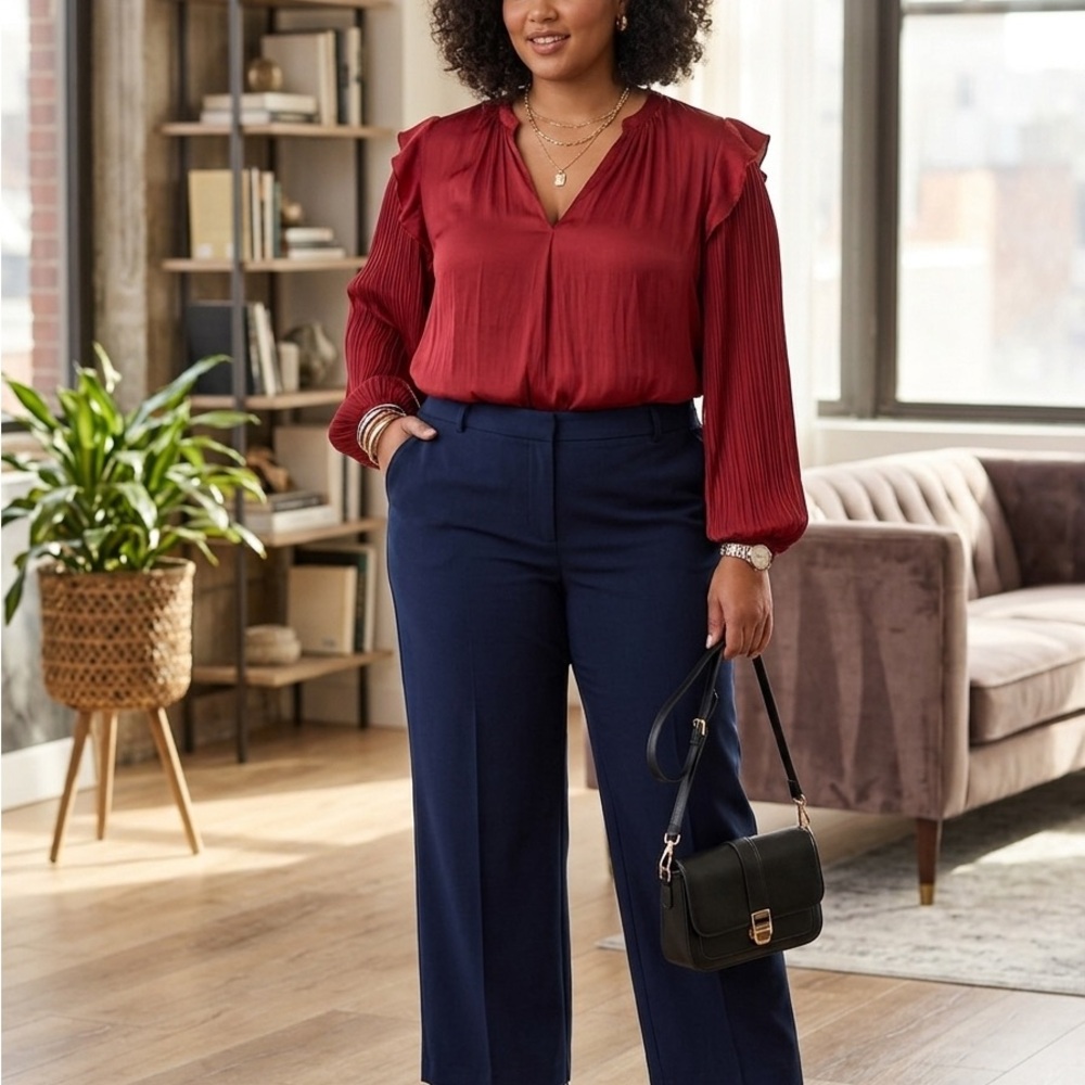 Left coast Sloane Blouse Red V-Neck Pleated Puff Sleeve Large